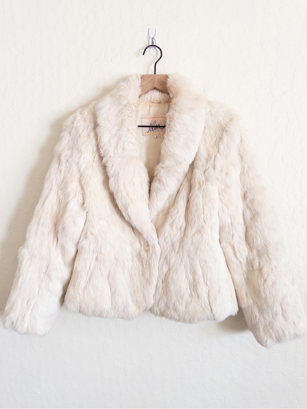 Vintage 90s Elan Genuine Rabbit Fur Coat Jacket Small White Ivory Shawl Collar